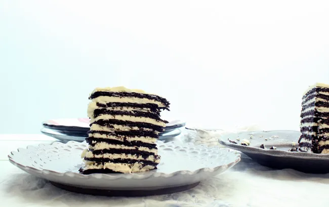 a close-up of chocolate icebox cake