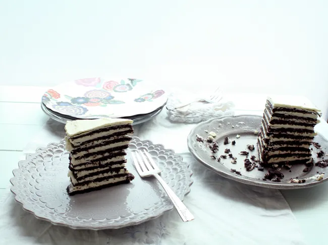 a slice of chocolate icebox cake