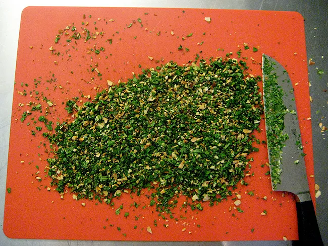 hand-chopped cilantro, garlic, and almonds for pesto