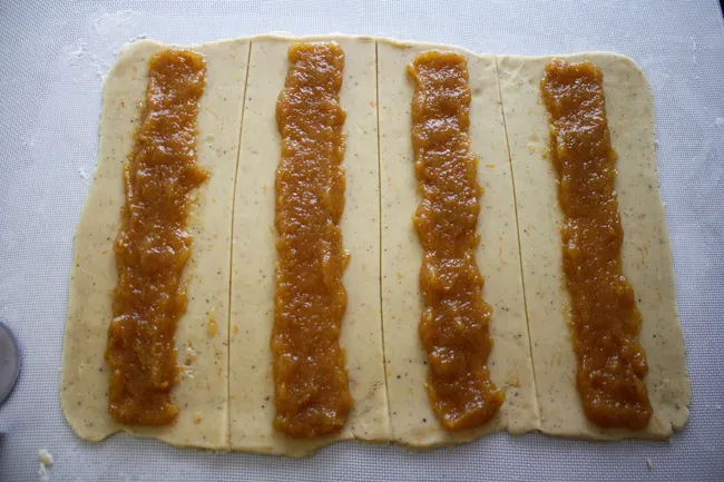 fig puree spread on cookie dough
