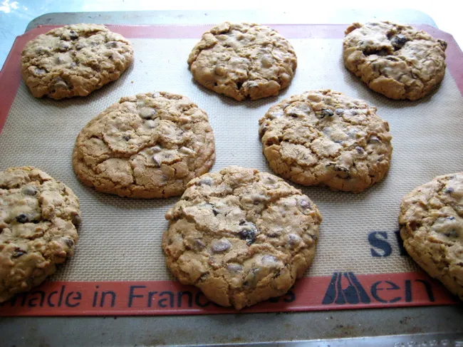 a pan of oatmeal chocolate cherry pecan cookies