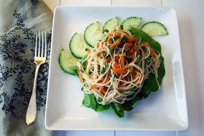 rice noodle salad with scallions and herbs