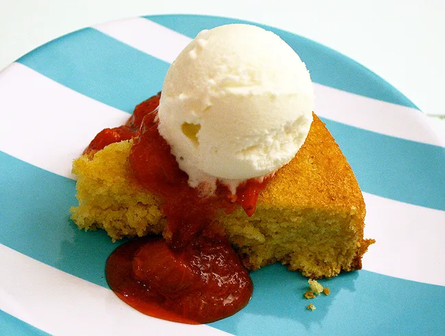 orange-cornmeal cake with strawberry-rhubarb compote