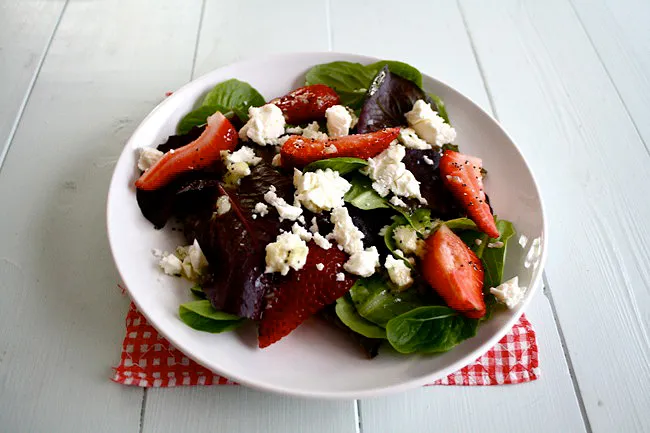 spinach, strawberry, and feta salad with poppy seed dressing