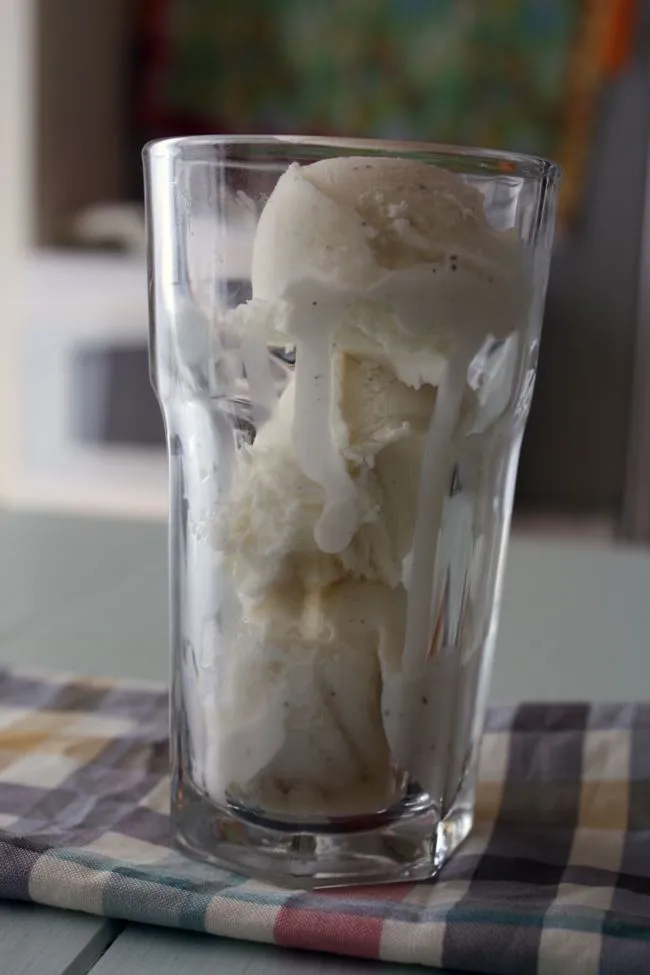 scoops of vanilla ice cream in a glass