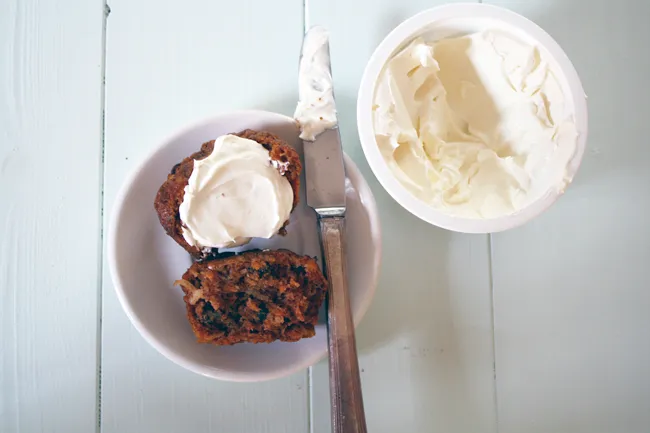 vegan morning glory muffins with (non-vegan) cream cheese
