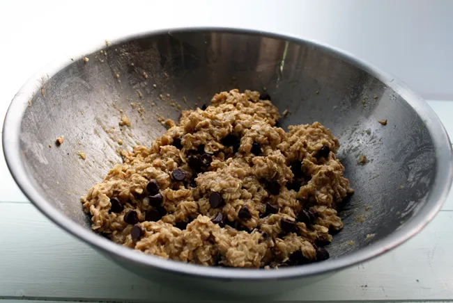 vegan banana oatmeal chocolate chip cookie dough, mixed by hand