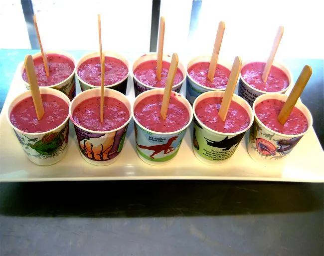 blackberry-cherry yogurt pops in dinosaur dixie cups